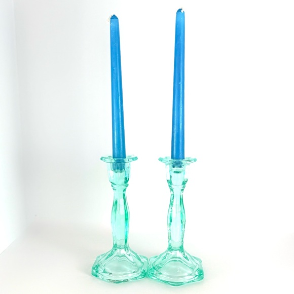 Vintage Set Of 2 Aqua Blue  Art Deco Glass Candlesticks Holders. Mid-Century Mod - Picture 12 of 13